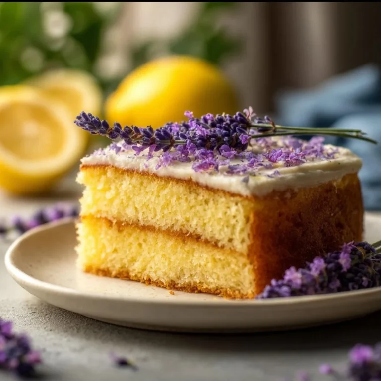 Lemon lavender cake beautifully decorated with fresh lavender and lemon slices.