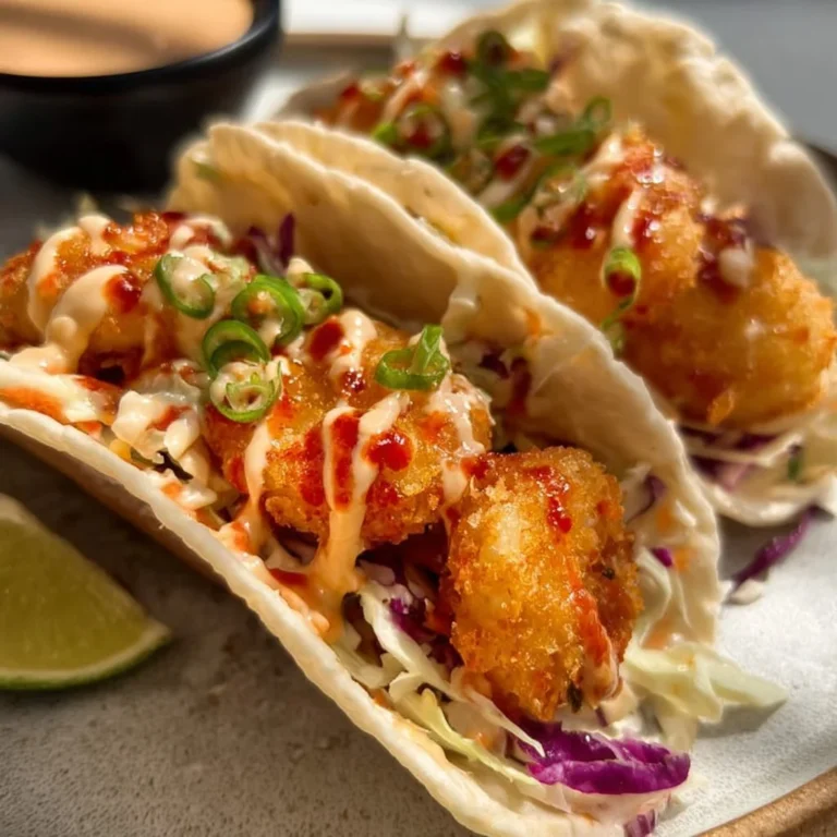 Air Fryer Bang Bang Shrimp Tacos served on a plate with fresh toppings