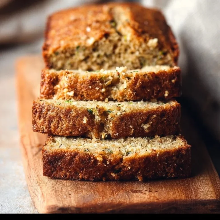 Slice of moist almond flour zucchini bread on a wooden cutting board.