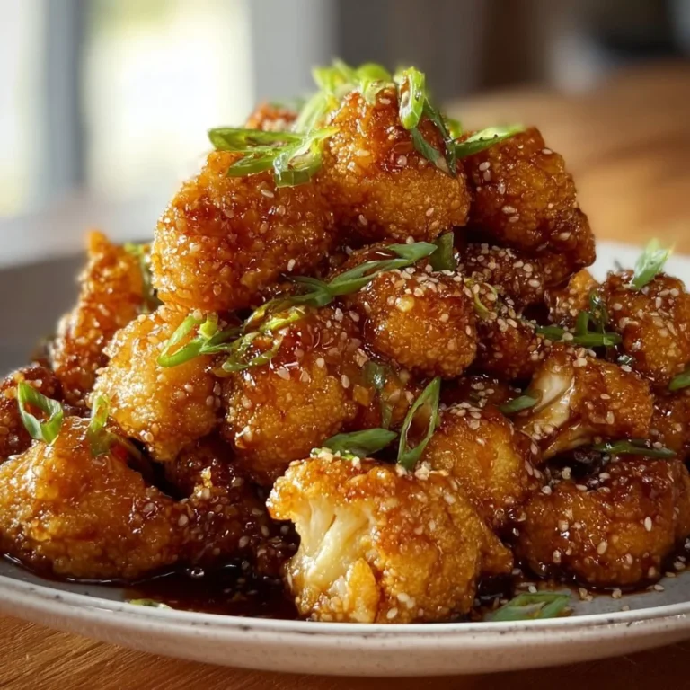 Sticky honey garlic cauliflower dish garnished with green onions