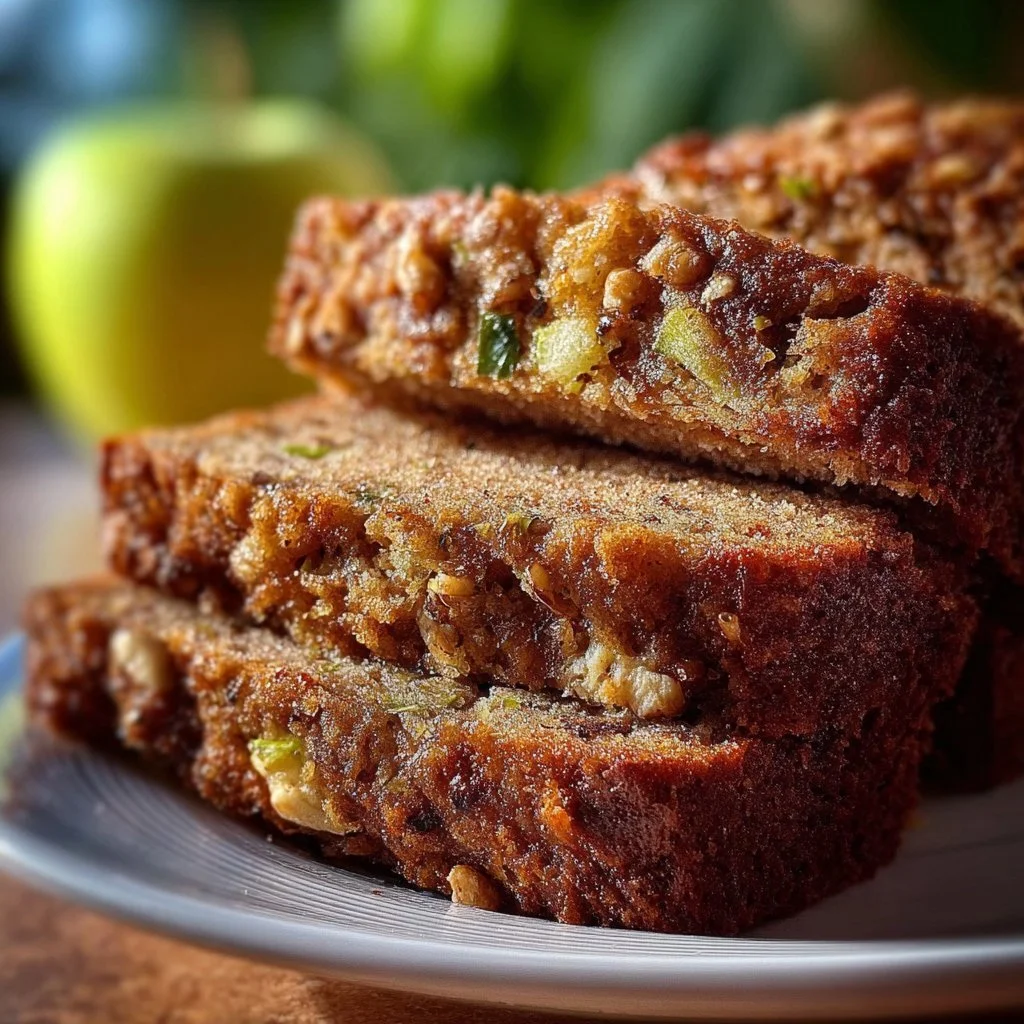Freshly baked apple cinnamon zucchini bread with a slice cut out