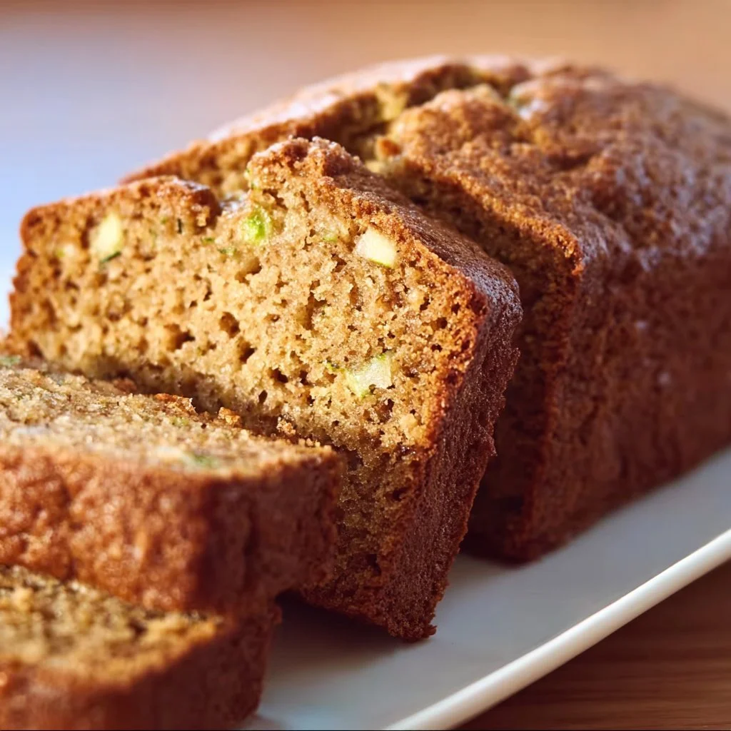 Slice of apple zucchini bread with fresh apples and zucchini on a rustic table.