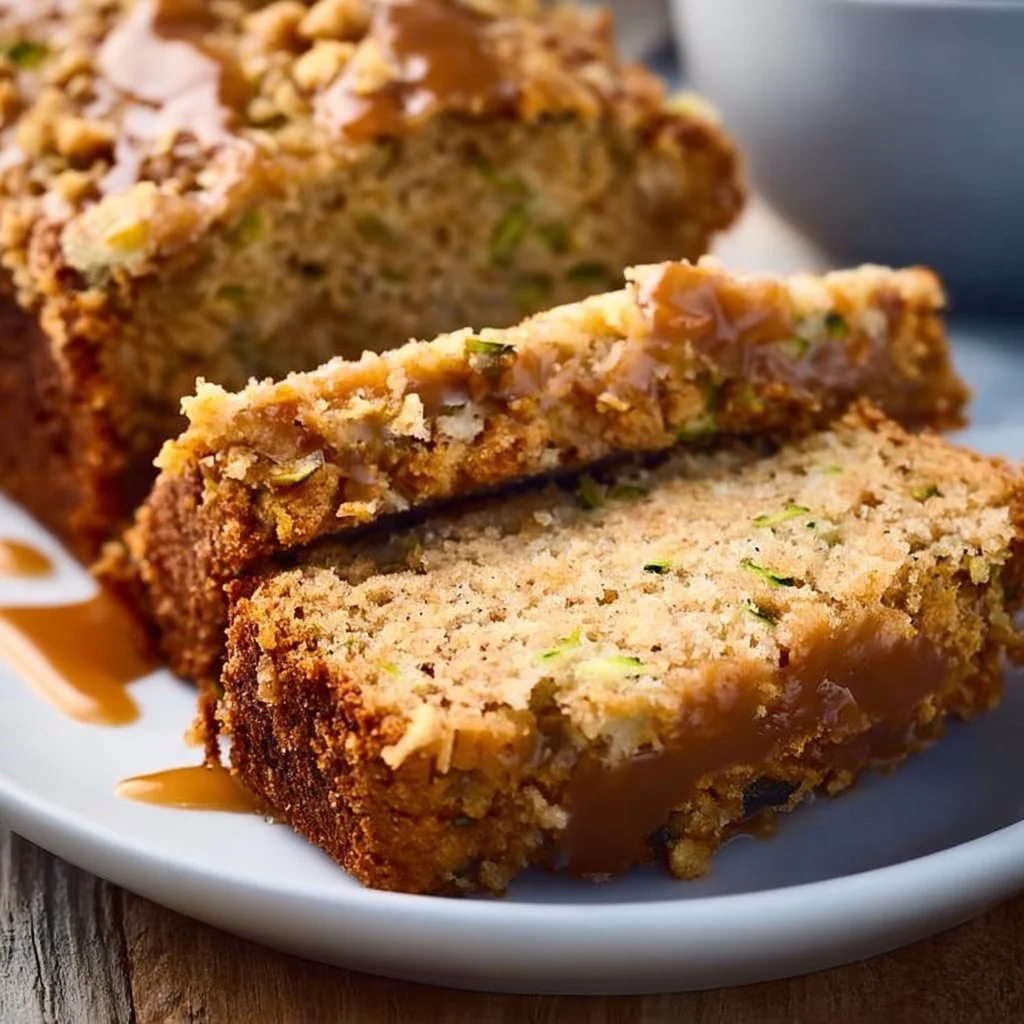 Delicious apple zucchini bread slice on a wooden table