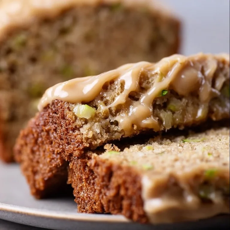Slice of apple zucchini bread topped with brown sugar frosting on a wooden platter.