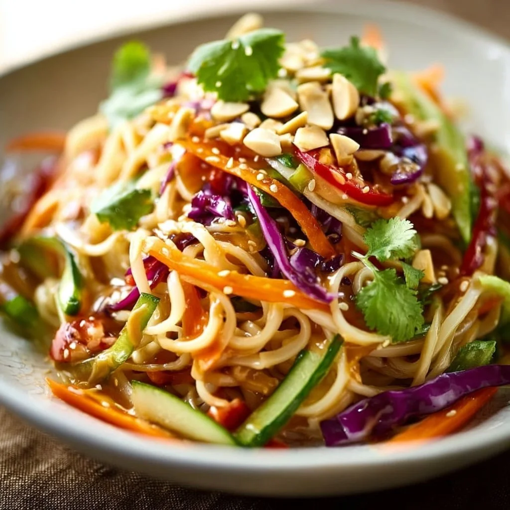 Asian noodle salad with colorful vegetables and peanut dressing