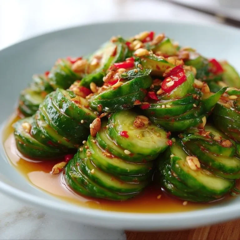Bowl of Asian Spicy Cucumber Salad garnished with chili and herbs