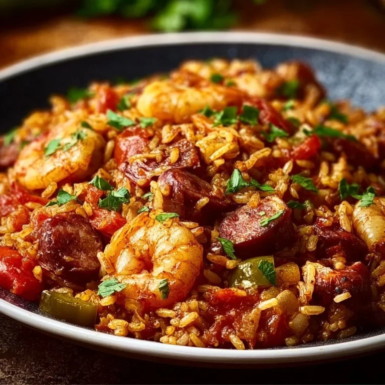 Delicious plate of Authentic Cajun Jambalaya filled with rice, meats, and spices.