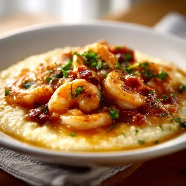 Plate of authentic Southern shrimp and grits with garnishes