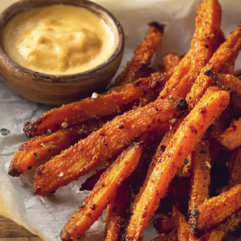 Baked carrot fries served with paprika garlic aioli dip on a plate.