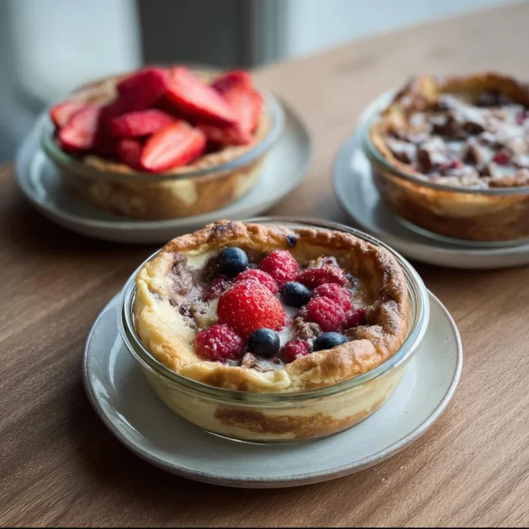 Baked protein pancake bowls topped with fresh fruits and nuts