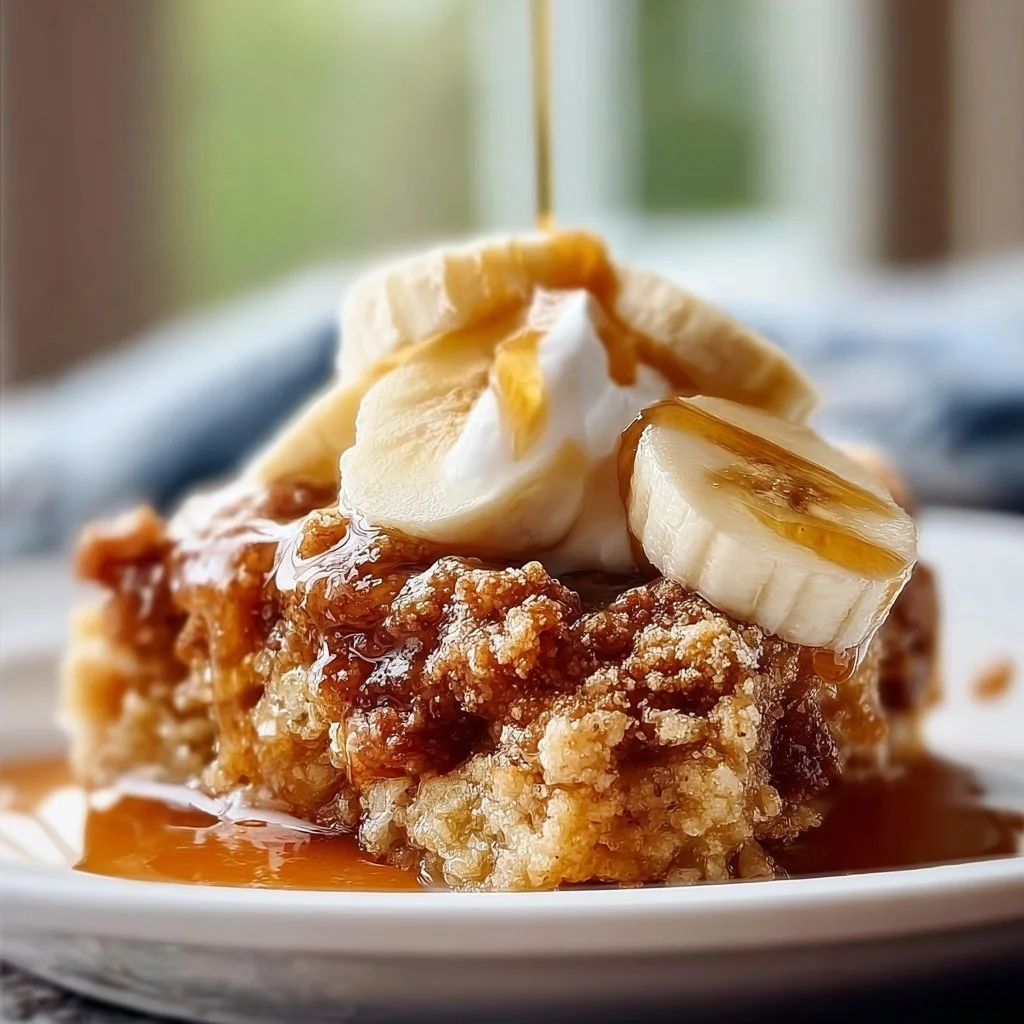 Delicious homemade Banana Cobbler dessert served warm with a scoop of vanilla ice cream.