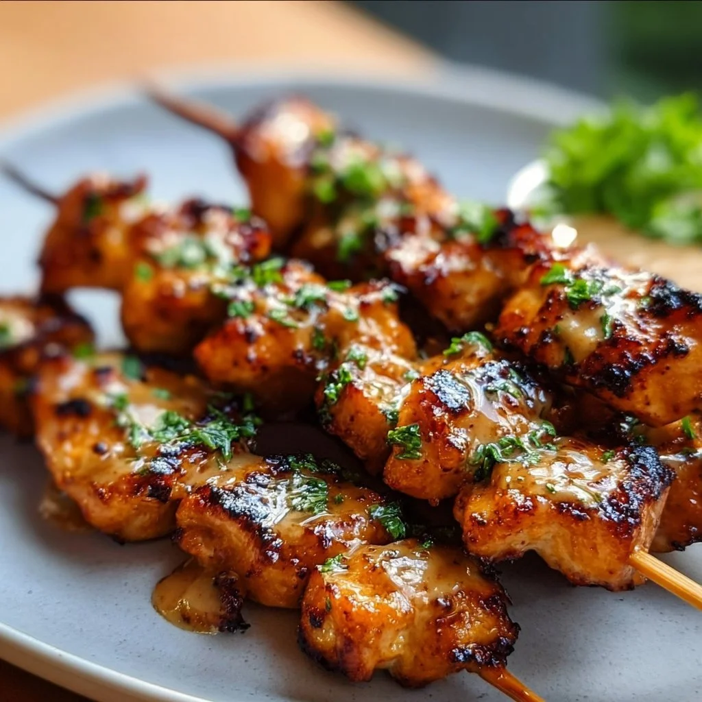 Flavorful Bang Bang Chicken Skewers served on a plate