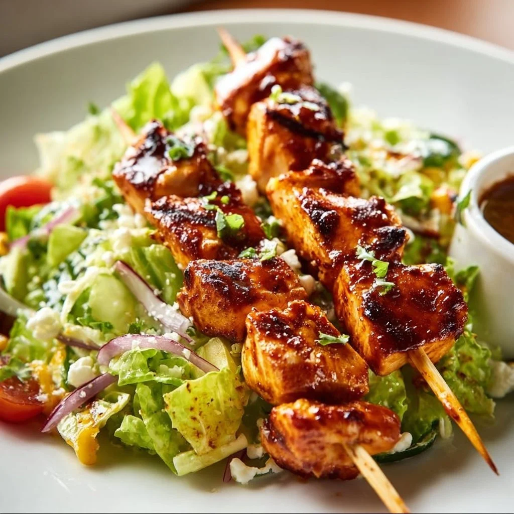 BBQ Chicken Skewer Salad with fresh vegetables and grilled chicken skewers