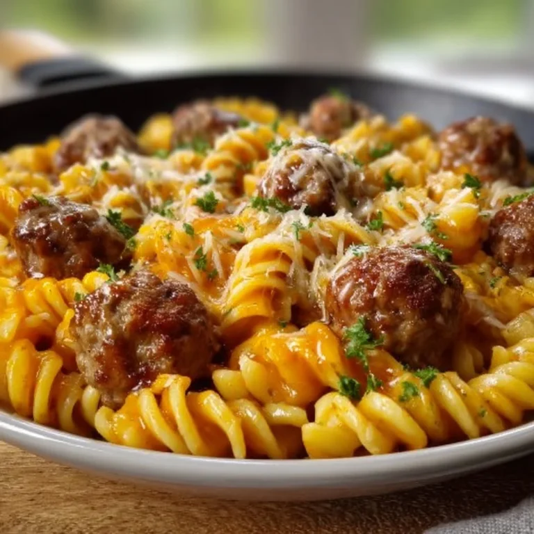 BBQ Ranch Meatball and Cheddar Pasta Skillet finished dish