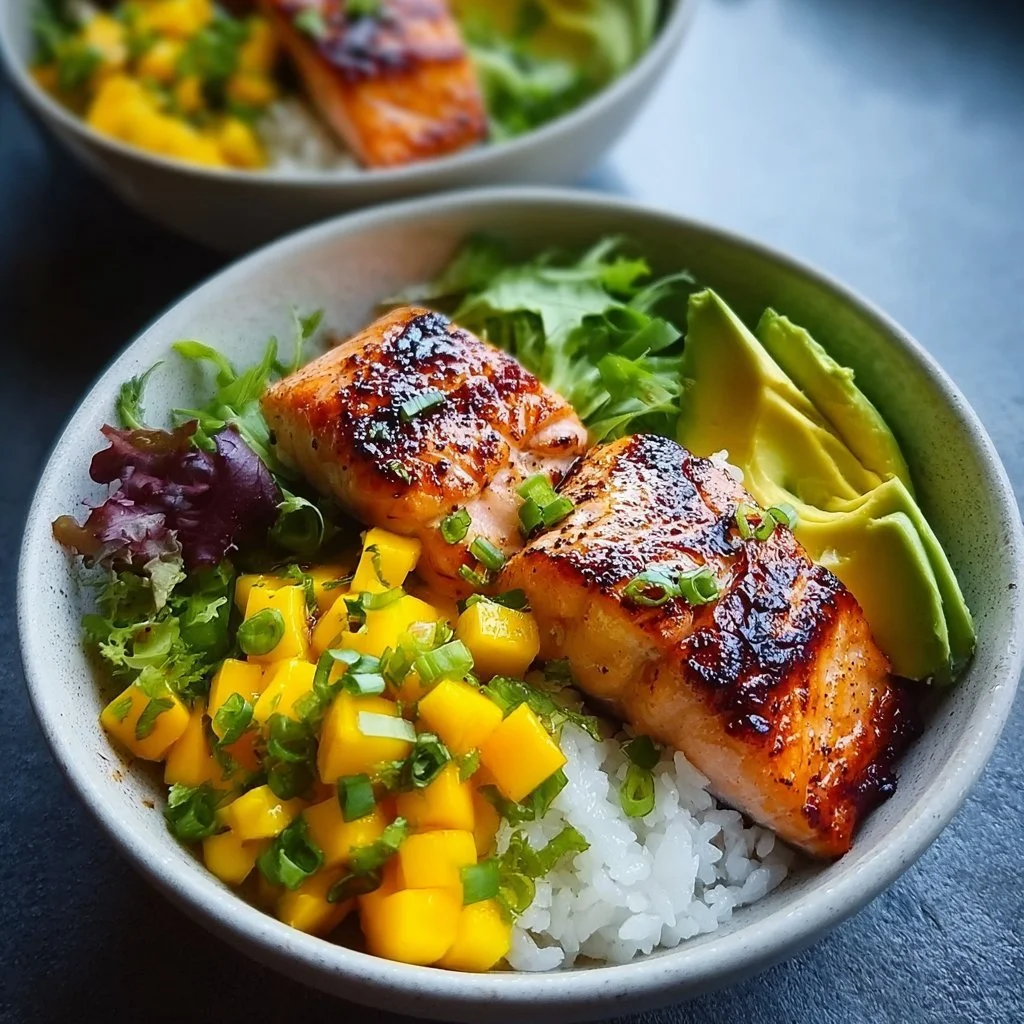 BBQ Salmon Bowls with vibrant mango avocado salsa