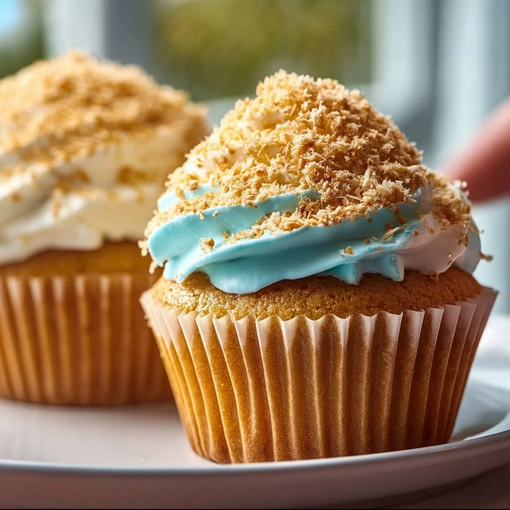 Colorful beach cupcakes decorated with edible sand and seashells