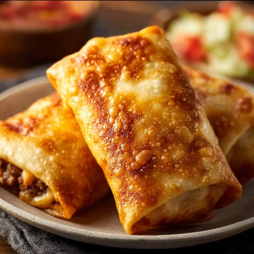 Delicious Beef and Cheese Chimichangas garnished with fresh salsa