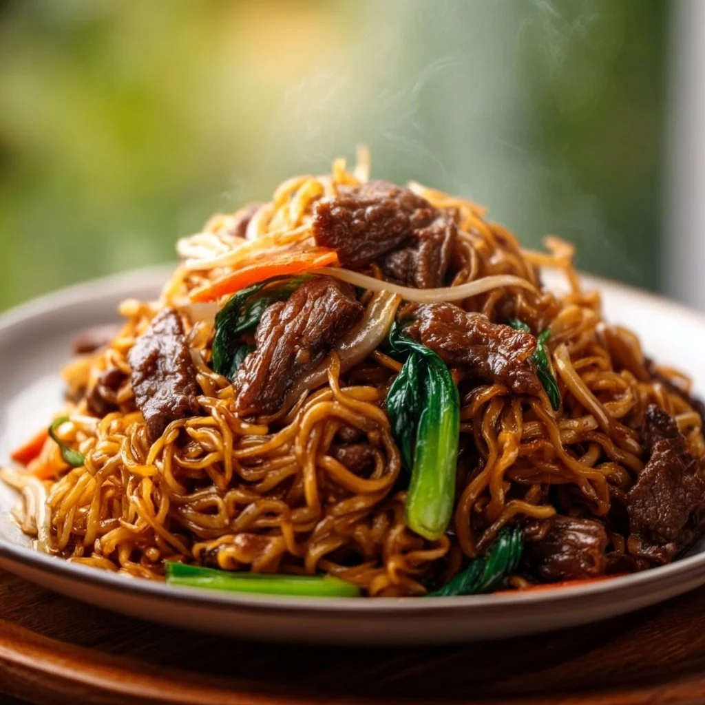 A plate of beef pan-fried noodles garnished with fresh vegetables.