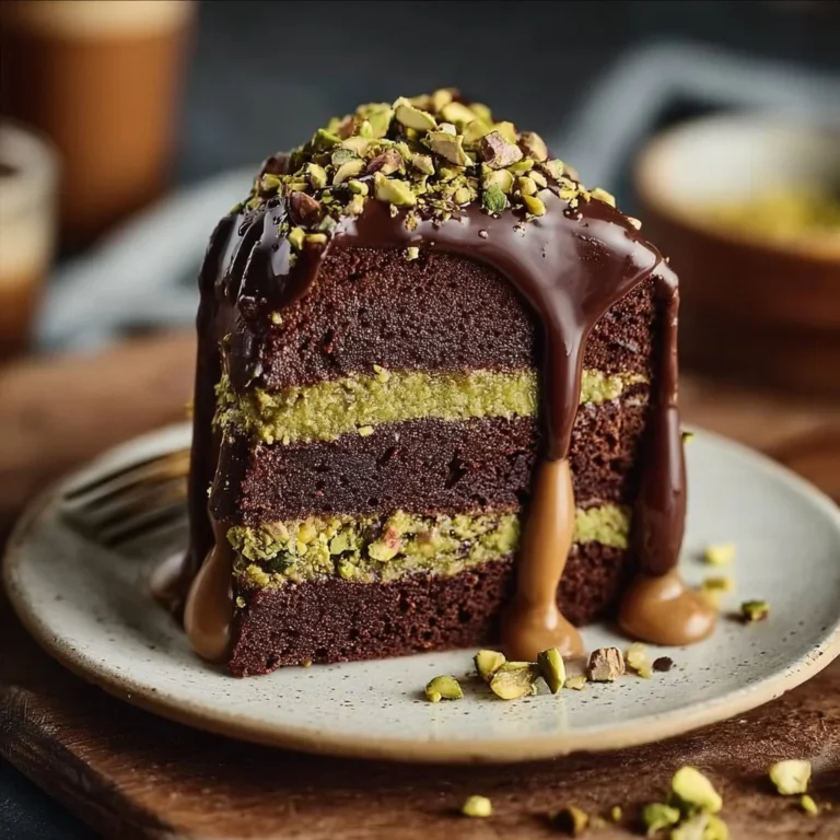 A delicious slice of best pistachio chocolate cake topped with pistachios.