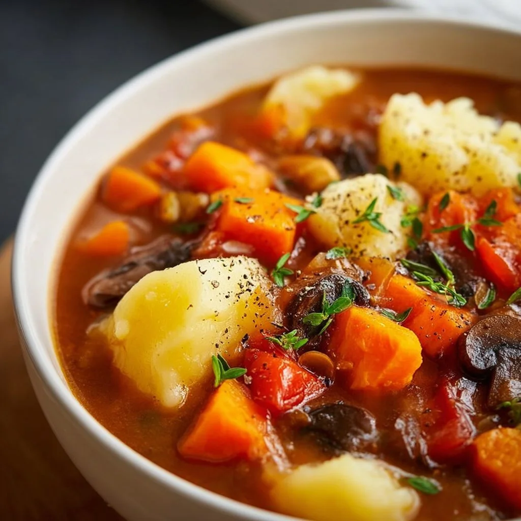 Bowl of delicious vegetarian stew with colorful vegetables and herbs