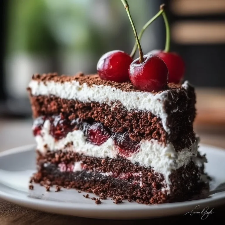 A decadent Black Forest Cake topped with cherries and whipped cream