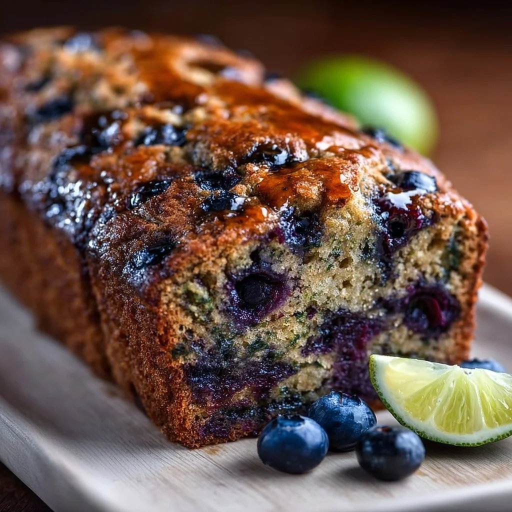 Loaf of blueberry banana zucchini bread with slices on a wooden table
