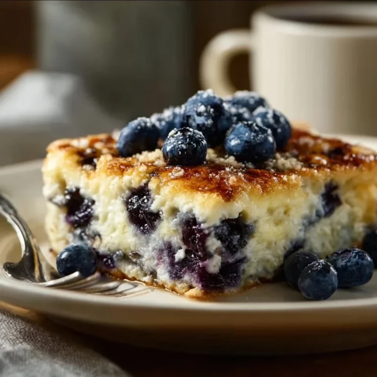 Blueberry cottage cheese breakfast bake served in a dish on a kitchen table