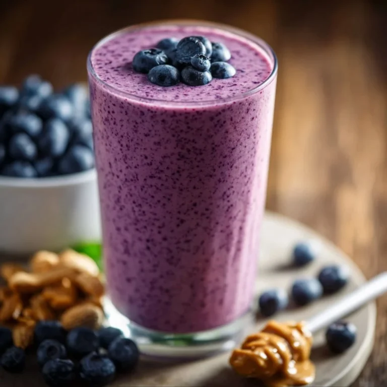 Blueberry peanut butter smoothie in a glass topped with fresh blueberries and peanuts