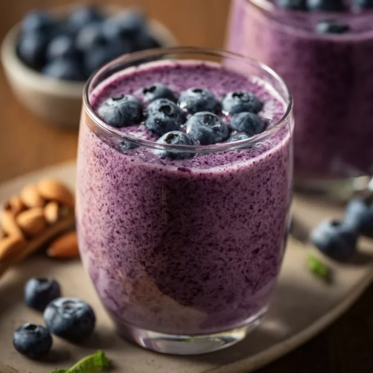 Delicious blueberry protein shake in a glass with fresh blueberries on the side.