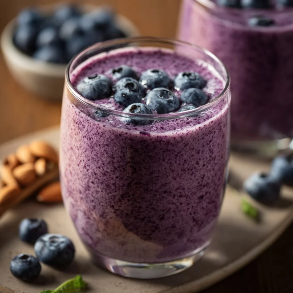 Delicious blueberry protein shake in a glass with fresh blueberries on the side.