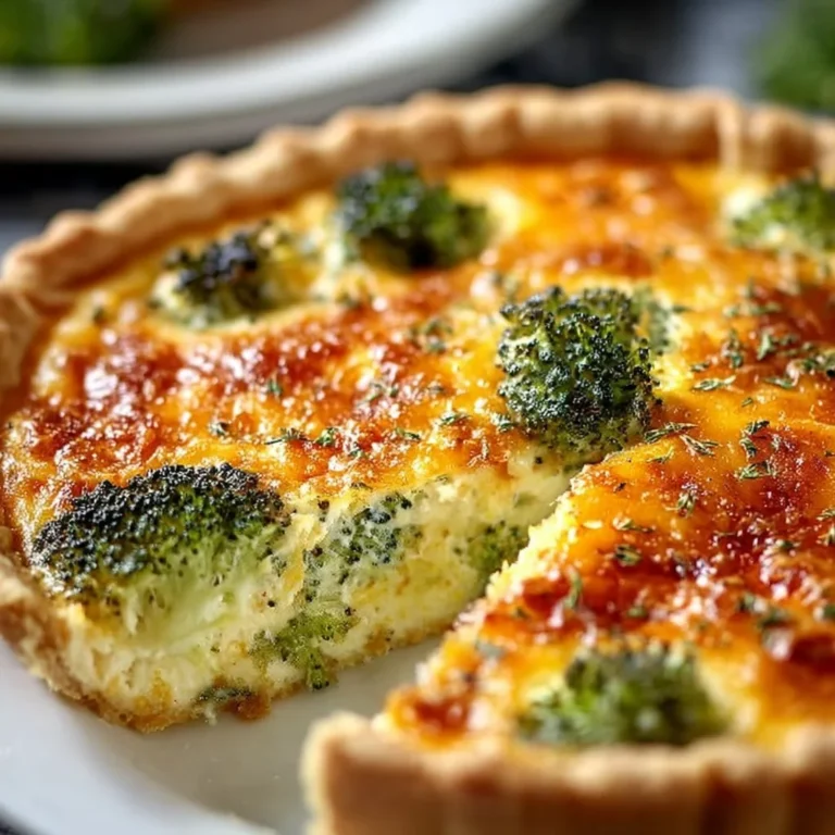 Delicious slice of broccoli cheddar quiche with a golden crust and vibrant greens