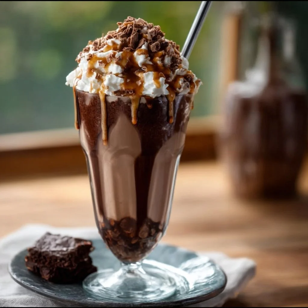 Delicious brownie milkshake topped with whipped cream and chocolate drizzle