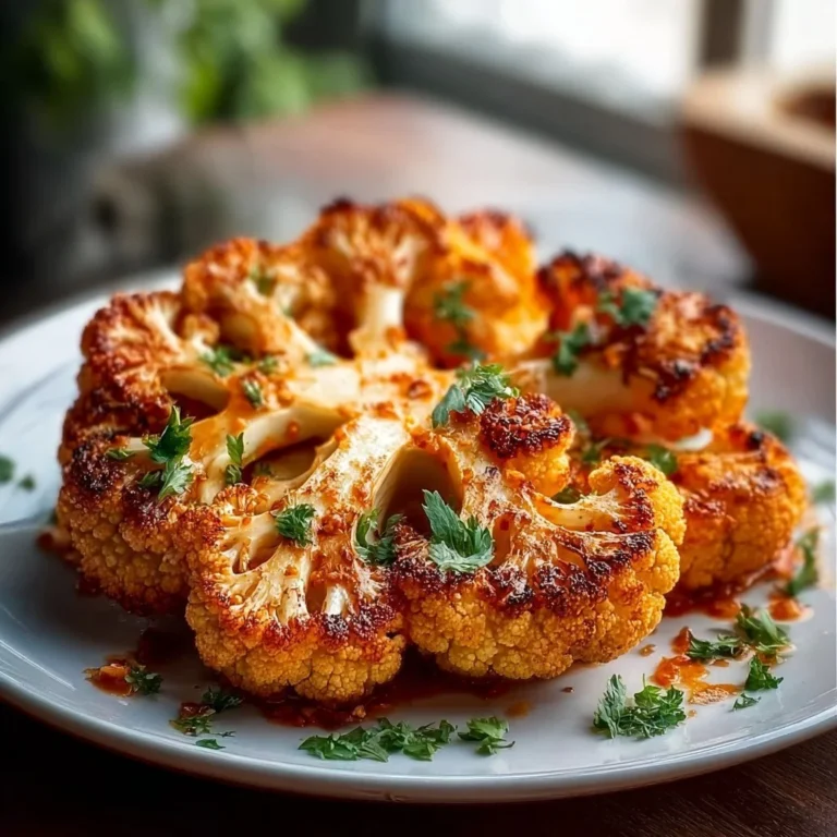 Buffalo Cauliflower Steak garnished with fresh herbs on a plate