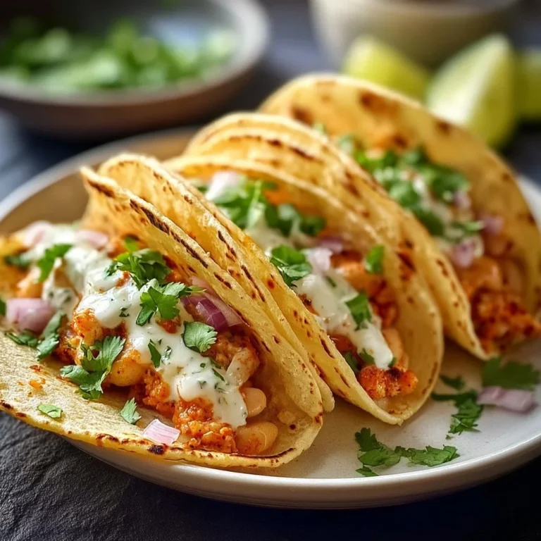 Buffalo White Bean Tacos topped with fresh ingredients and served in a soft taco shell.