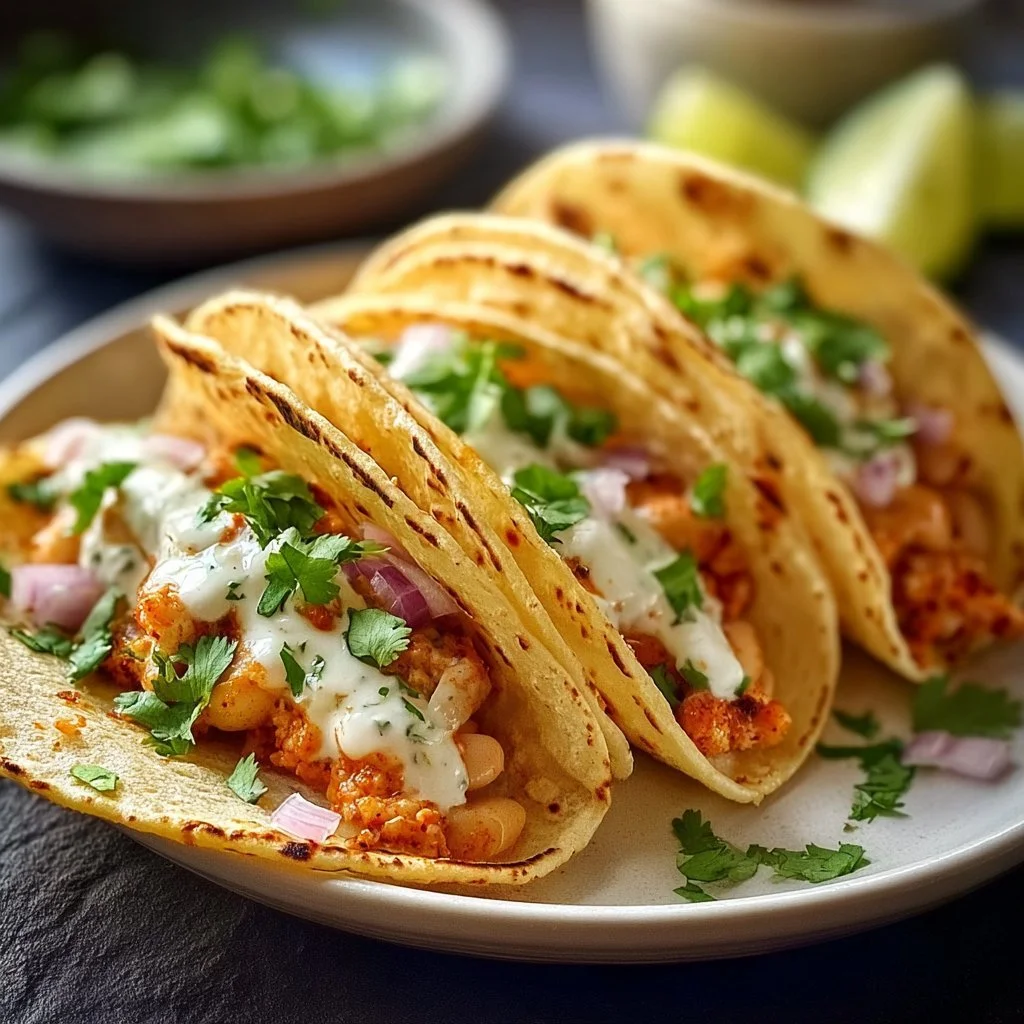 Buffalo White Bean Tacos topped with fresh ingredients and served in a soft taco shell.