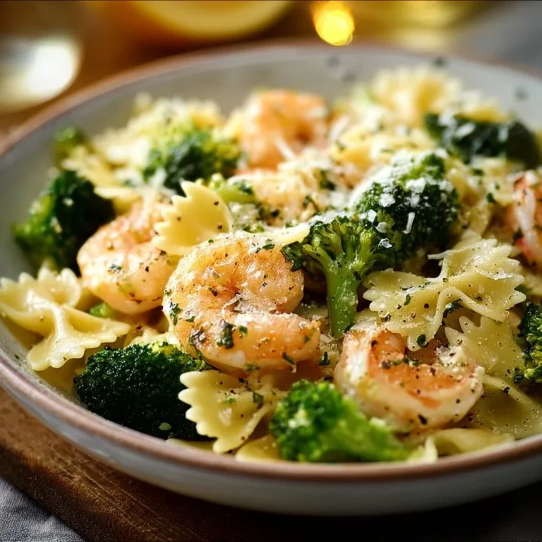 Butterfly pasta dish with shrimp and broccoli garnished with herbs