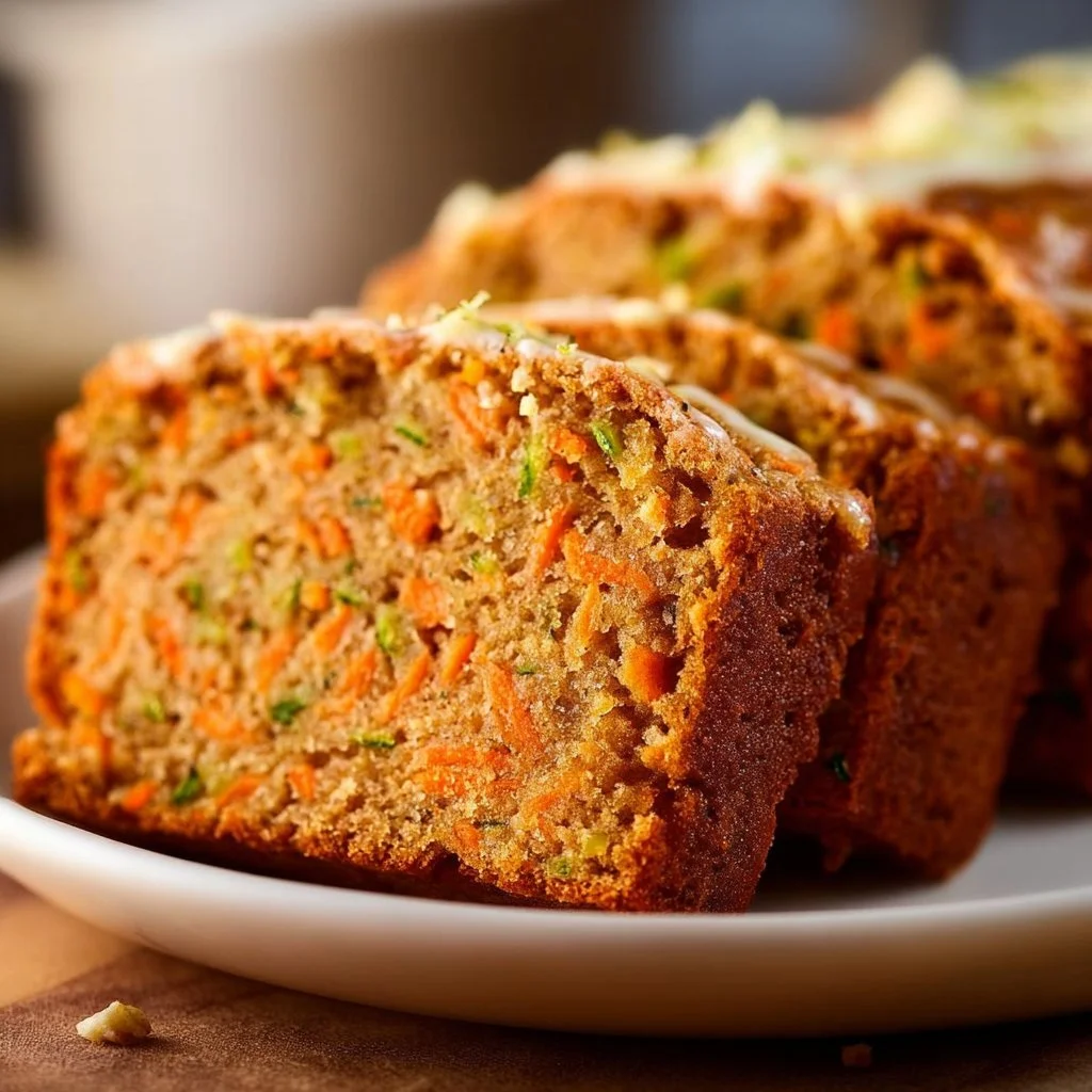 Loaf of Carrot Apple Zucchini Bread with slices on a wooden board