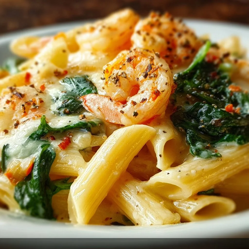 Delicious Cheese Shrimp Penne Pasta with fresh spinach on a plate