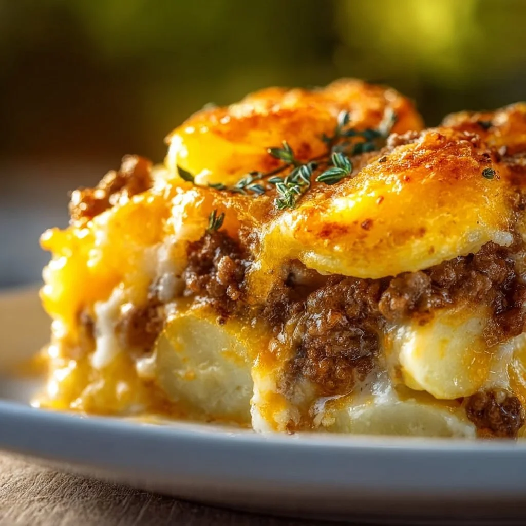 Cheesy hamburger potato casserole topped with melted cheese and fresh herbs
