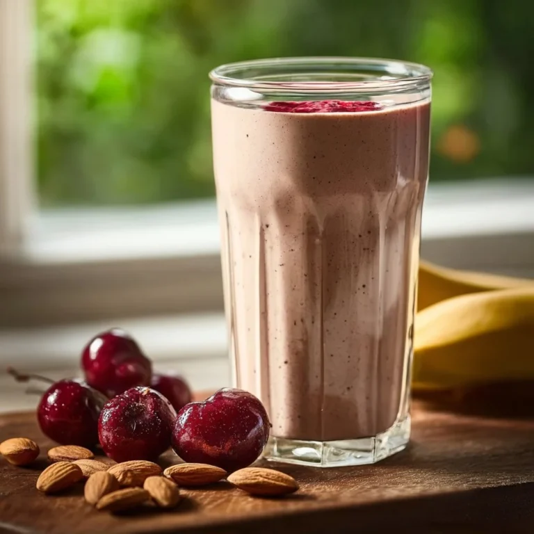 Cherry Almond Paleo Smoothie in a bowl topped with sliced almonds and cherries