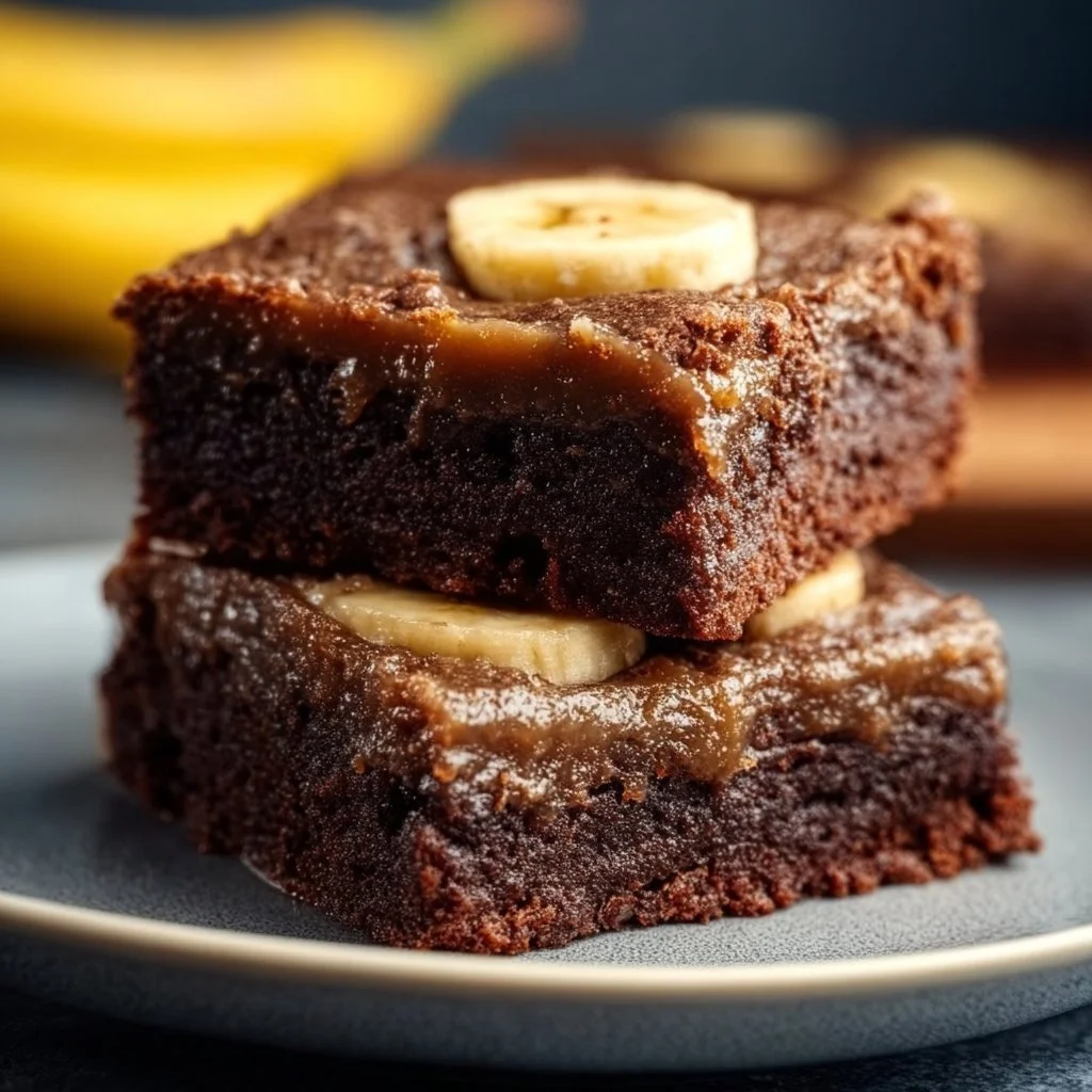 Chewy chocolatey banana bread brownies served on a plate