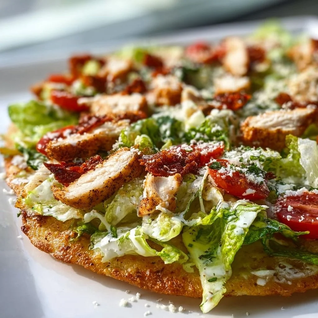 Delicious Chicken Caesar Salad Pizza topped with fresh lettuce and chicken