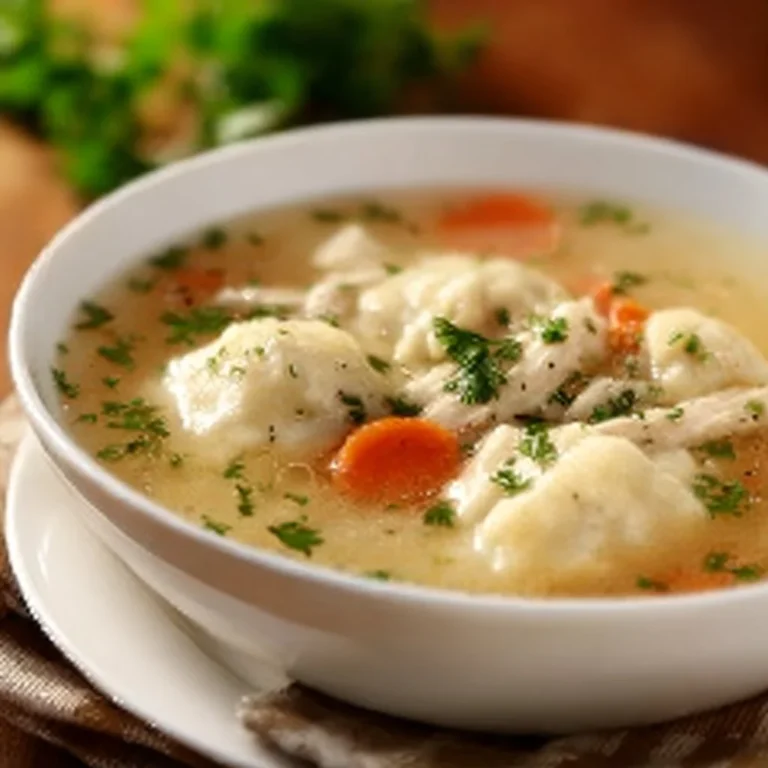 Delicious bowl of Chicken Dumpling Soup with tender dumplings and herbs