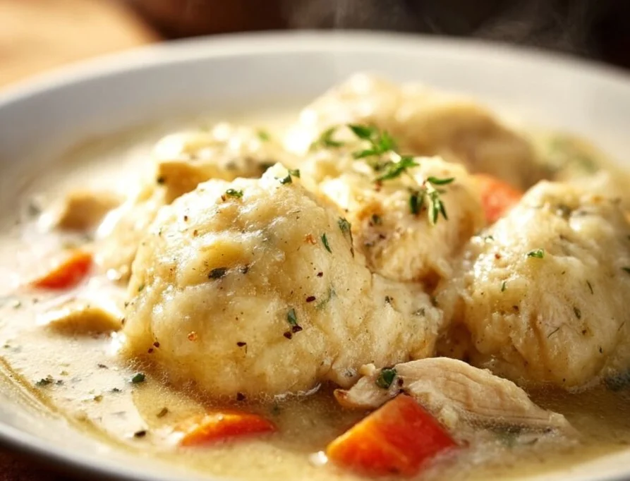 Bowl of Chicken & Dumplings served with fresh herbs and vegetables