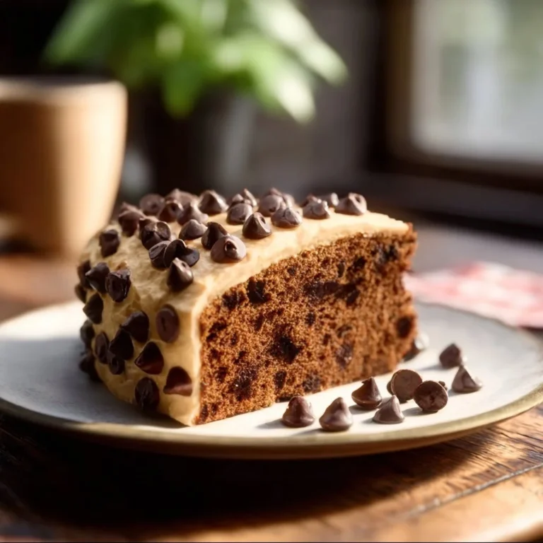 A slice of delicious Chocolate Chip Cake topped with chocolate chips and cream.