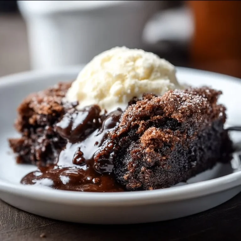Decadent chocolate cobbler dessert served warm with a scoop of ice cream.