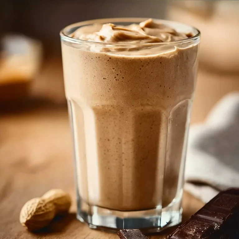 Chocolate peanut butter protein shake with ingredients and a creamy texture