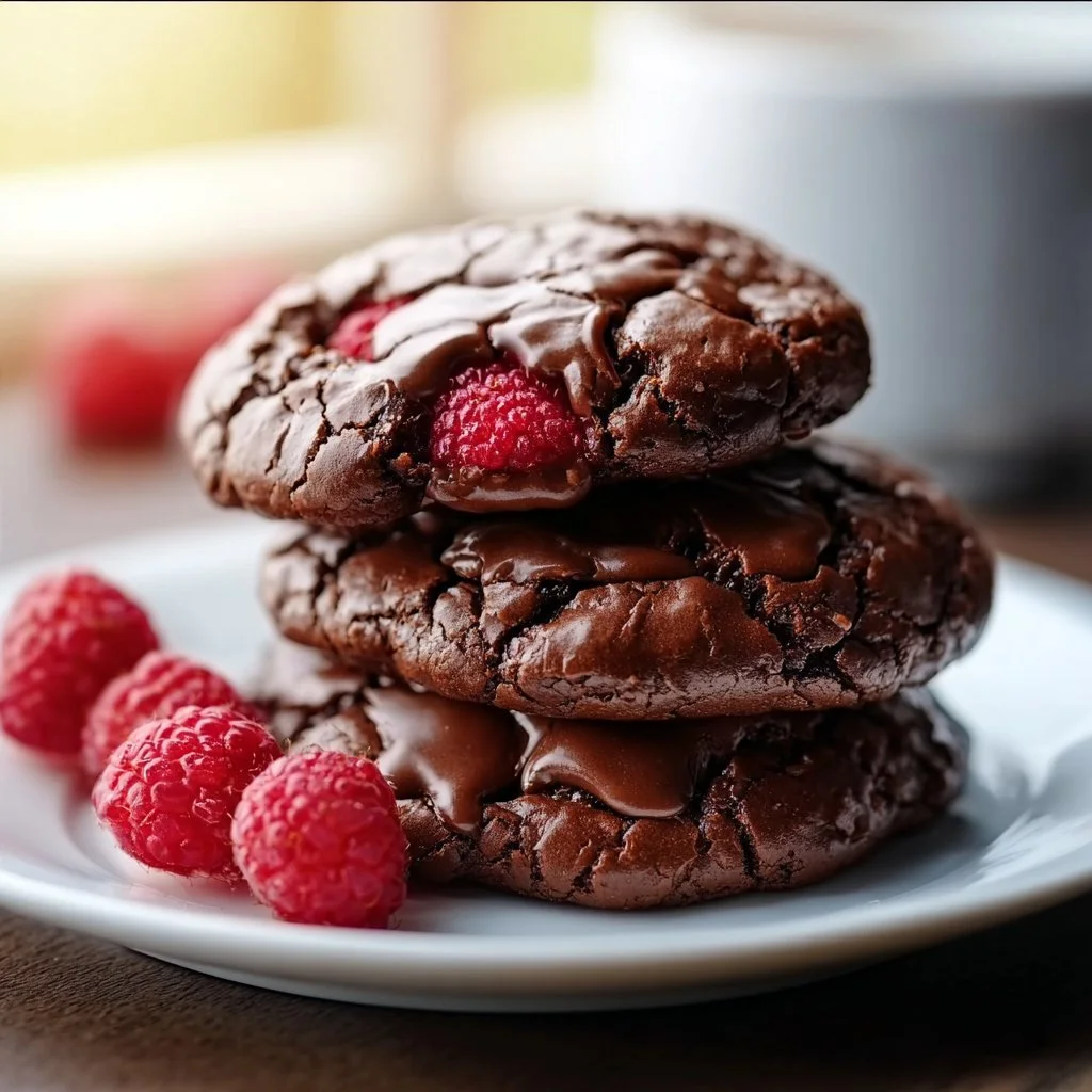Decadent Chocolate Raspberry Fudgy Cookies on a cooling rack