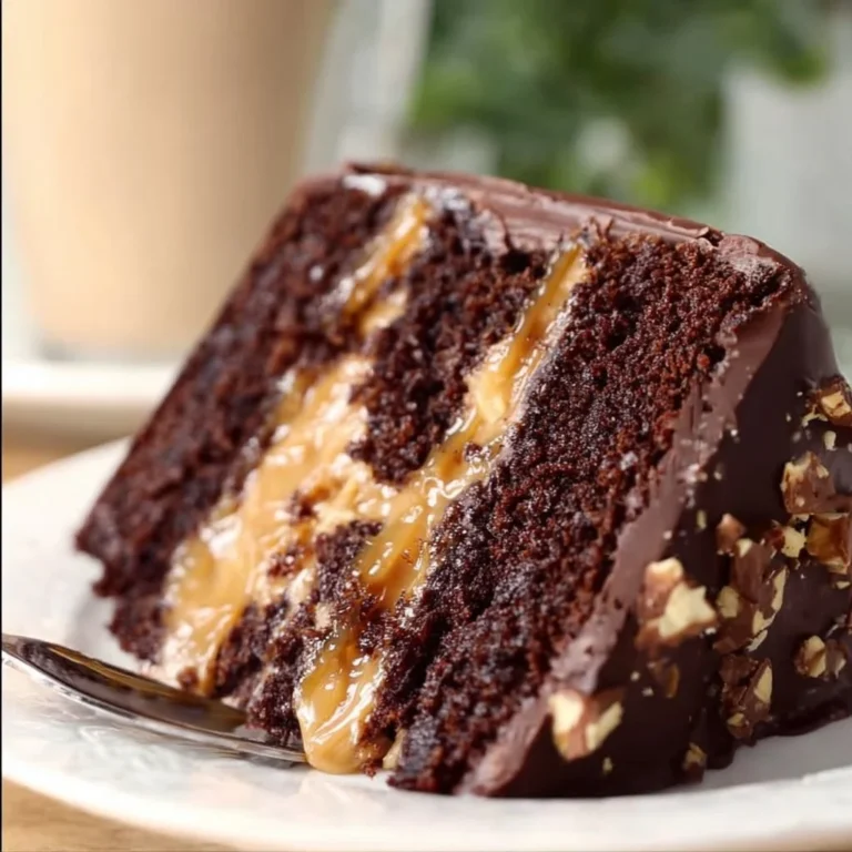 Delicious Chocolate Snickers Cake topped with caramel and peanuts