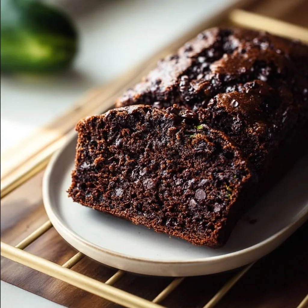 Delicious slice of homemade chocolate zucchini bread topped with chocolate chips